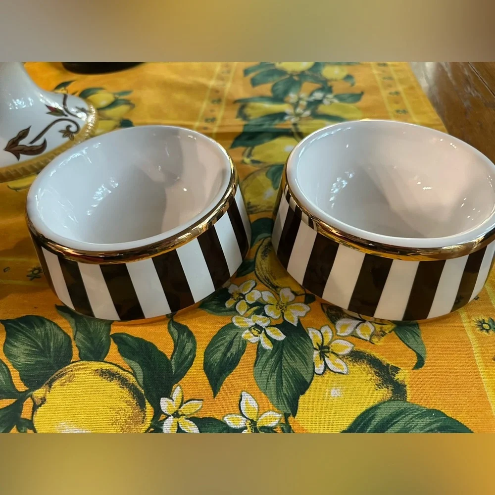 Vintage Henri Bendel Centennial Stripe and Gold Rimmed Pet Bowl Pair in EUC